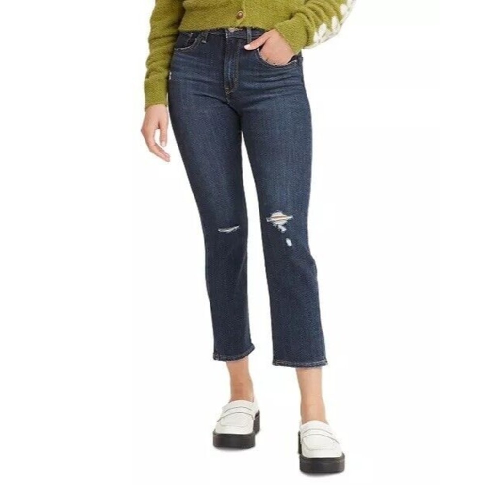724 LEVI'S High Rise Straight Crop Distressed Jeans Sz 4 27 Dark Wash Indigo Blu